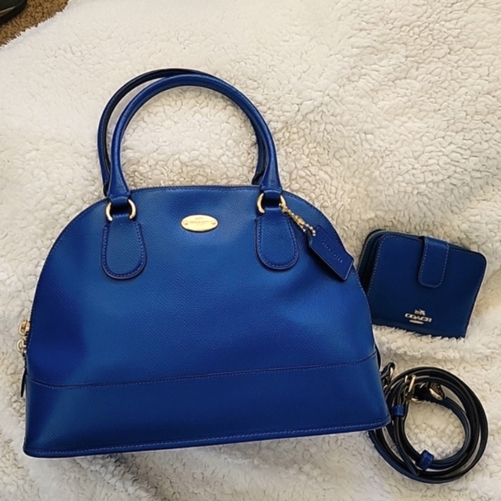 Coach Cora Domed Satchel Blue crossgrain leather with matching wallet